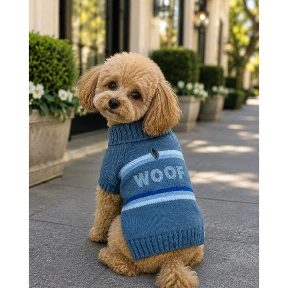 Dog Sweater Blue Size S Good WOOF Glitter Graphic Striped Knit