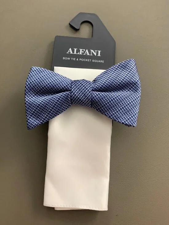 Alfani Men's 2-Piece Stripe Bow Tie and Solid Pocket Square Set, Blue Multi