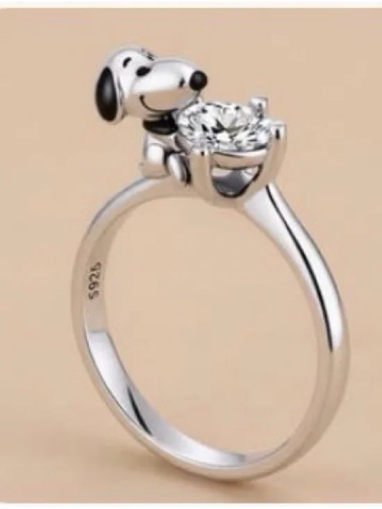 Sterling Silver Dog Solitaire Ring with Clear Stone - Silver