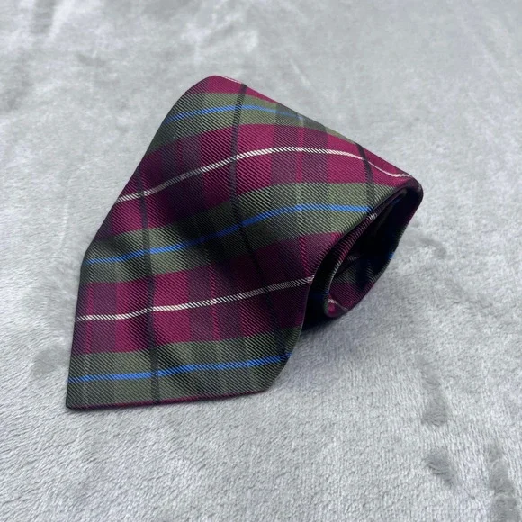Nick‎ Hilton 1888 Silk Necktie Plaid Burgundy Green Blue Mens Fashion
