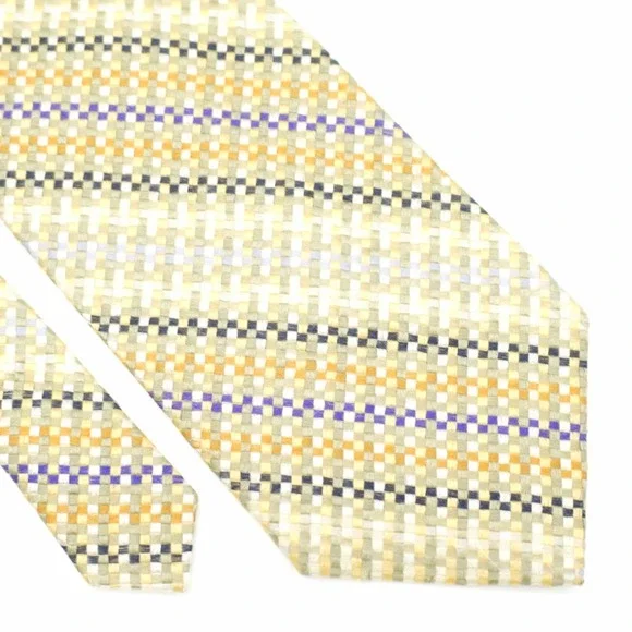 Metropolitan Lord & Taylor Yellow Blue Striped‎ Check Woven Silk Tie Made In USA
