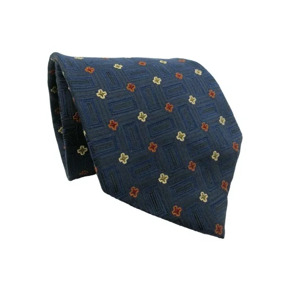 Roundtree & Yorke Men's Silk Tie Necktie‎ Navy Squared Embroidered Flowers