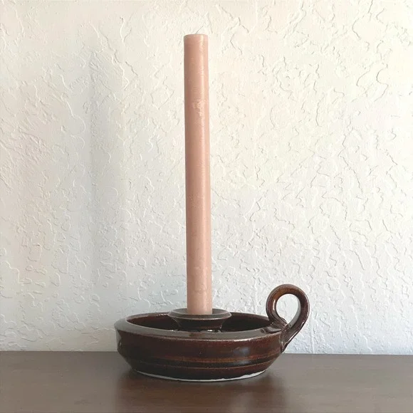 Vintage Handmade‎ Pottery Chamberstick Candle Holder Signed Brown MCM Carolyn