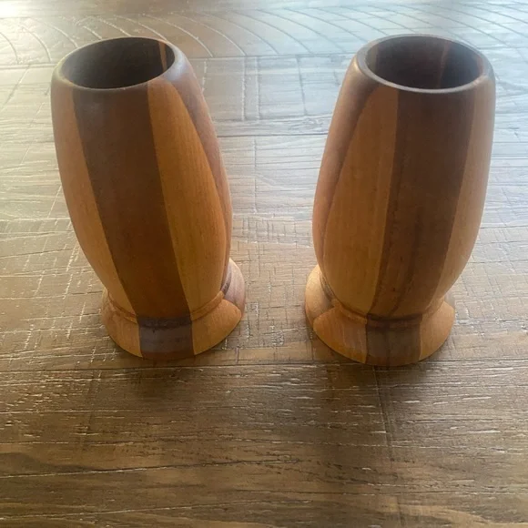 Vintage MCM Turned Brown Wooden Candle Holders Rustic 5” height 1 1/2” top
