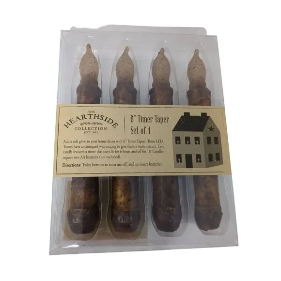 LED Burnt Mustard Battery Operated TIMER Taper 6 inch Candles Boxed‎ Set of 4