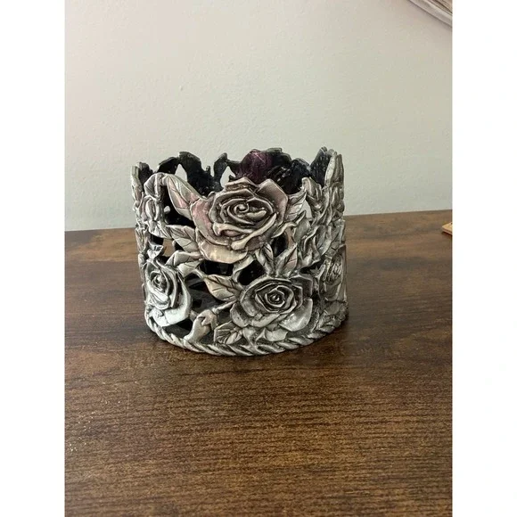 Ganz Pewter Rose Candle Holder‎ Votive Floral Metal Taiwan Vintage Decor