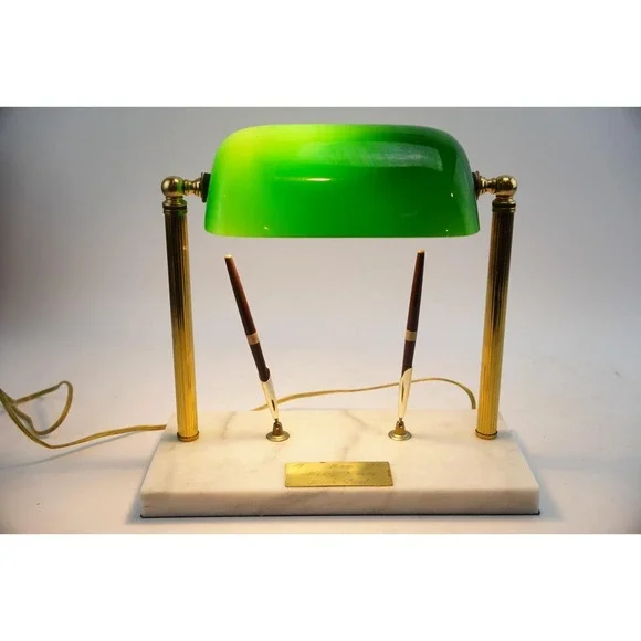 Vintage Bankers Lamp Green Glass Shade Marble Base Dual Pen Holder Desk‎ Light