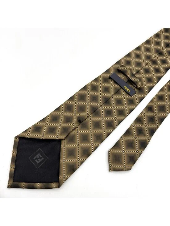 Fendi Geometric Square Silk Tie Brown Italy Designer Luxury Necktie Handmade VTG