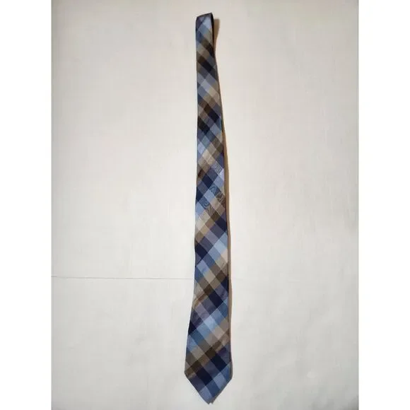 Van Heusen 100% Silk Tie Blue Gray Plaid Classic Necktie Men’s Formal Wear