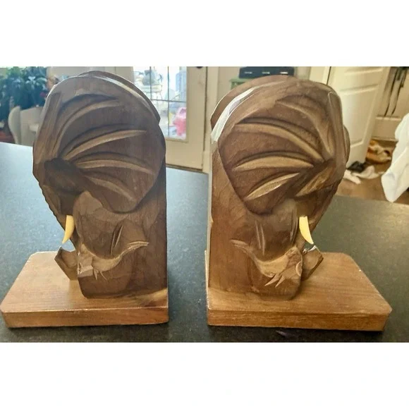 Vintage Hand-Carved Solid Wood Elephant Bookends (Pair)