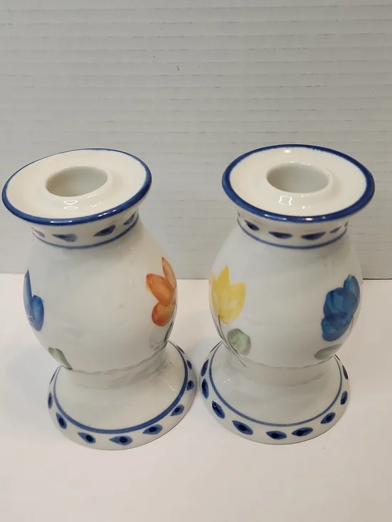 Pair Of Hand-Painted Floral Tulip Design Ceramic Candle Holders