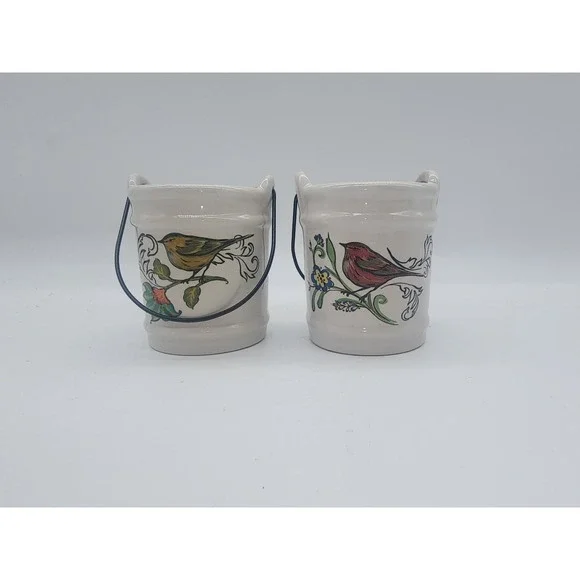 Set of 2 Ceramic Bird Votive Candle Holders with Wire Handles Hand Painted