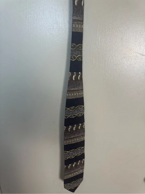 Boston Traders Navy and Brown Patterned Tie with Gold Accents