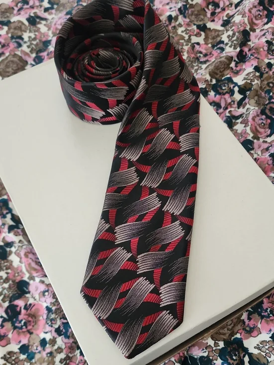 Givenchy Silk Neck Tie Black Red Silver Geometric Wave Pattern Designer Mens