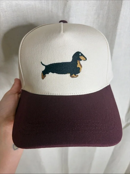 C.C Cream & Burgundy Dachshund Embroidered Dog Baseball Cap