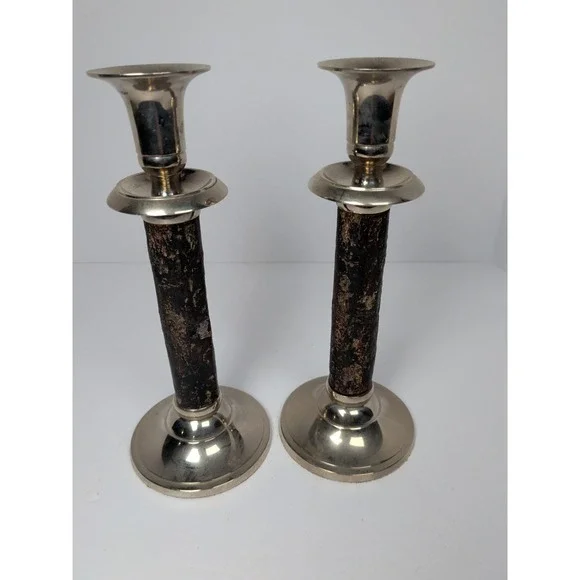William Sonoma Walnut Bark / Silver Candle Sticks  8 1/4 in set of 2