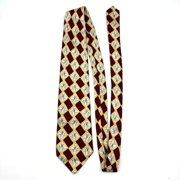 Vintage 90s Lands End Handmade in USA 100% Silk Yellow Red Man Golfing Tie 59