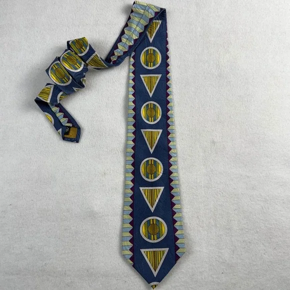Format Japan Mens Silk Tie Blue Yellow Geometric Triangle Abstract 90s Retro