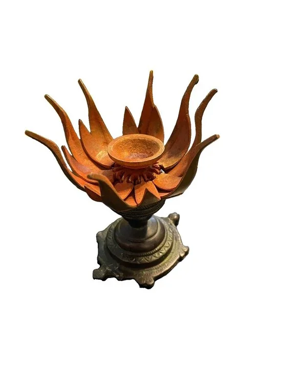 Bronze Candle Holder Opens As Lotus Flower Tortoise Base Heavy Adjustable Patina
