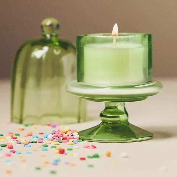 Anthropologie Mini Cake Stand Fruity Champagne Cheers Green Glass Candle, NIB