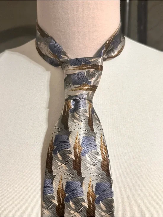Men's Abstract Pattern Silk Tie in Gray, Blue & Brown