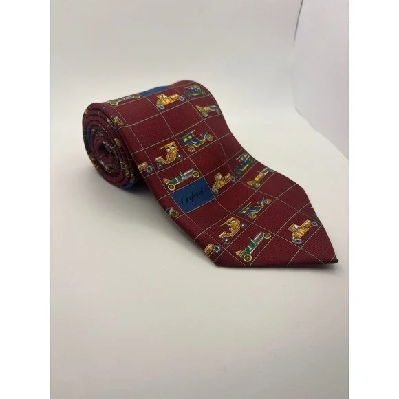 Oxford Mens Silk Tie Burgundy Vintage Antique Cars Novelty Grid Pattern Red