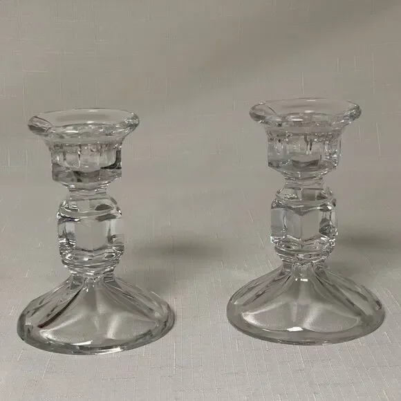 VINTAGE 2PCS Antique Crystal Clear Glass Candlestick Candle Holder Home Decor