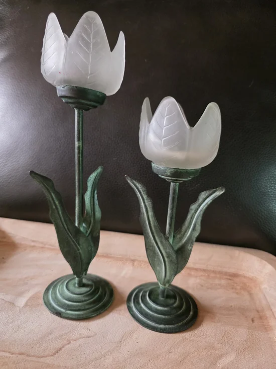 Glass Tulip Candle Holders in Frosted White and Patina Green - Home Accents