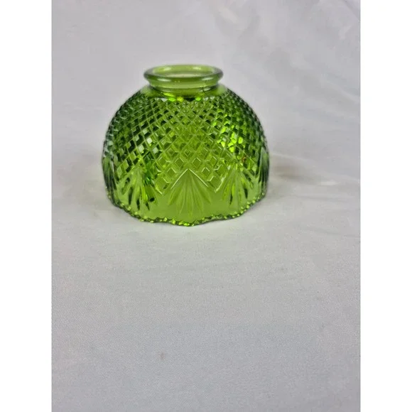 Vintage Green Pressed Glass Fairy Lamp Base Diamond Quilt Candle Holder 3.5 In