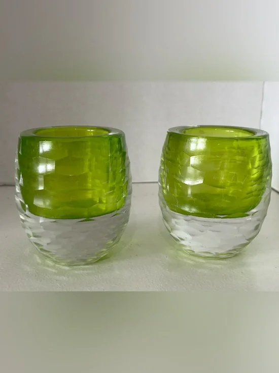 Vintage Faceted Green & clear heavy  Glass Votive Holder Set -
