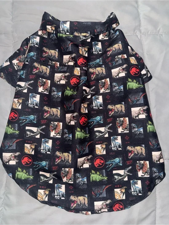 Universal Black Jurassic Dinosaur Print Dog Shirt with Red and Green Accents