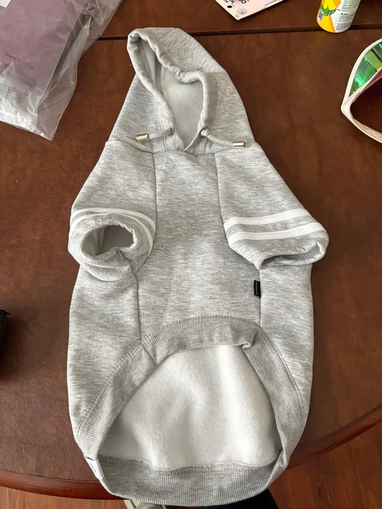 Heather Gray Hooded Dog Sweatshirt with White Stripe Sleeves
