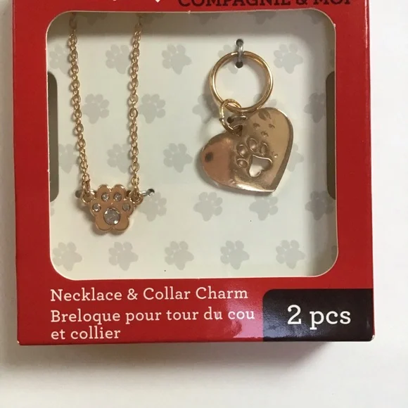 Pet & Me Gold Pawprint‎ Necklace & Collar Charm Set NWT