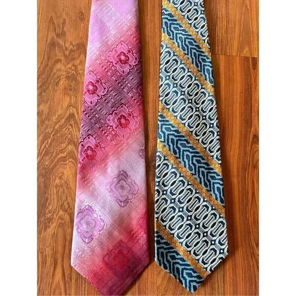2 vintage 1970's ties wide printed pink green