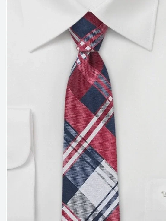 Nordstrom brand necktie 👔 vibrant red, blue, and white plaid tartan pattern.