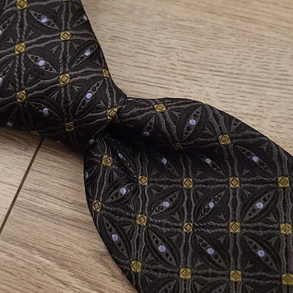 ROBERT TALBOTT Chelsea Metallic Black Grey Diamond‎ Dots Pattern Mens Silk Tie