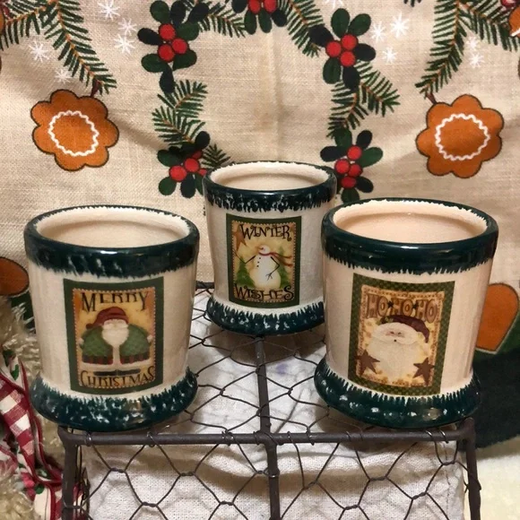 Crazy Mountain Snowman & 2 Santa Votives/ Tea-light/Candle Holders 3”x2.5”