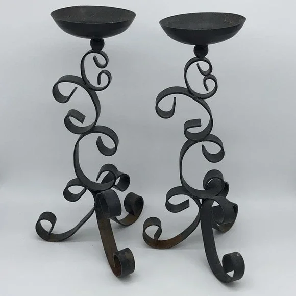 Black Wrought Iron‎ Candle Holders Set of two Black Swirl 13.5