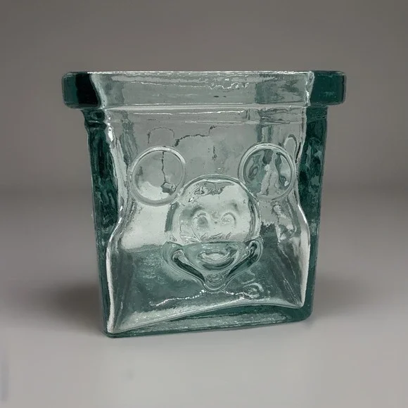Disney Glass Relief Raised Mickey Mouse Blue Green Candle Holder Pen Holder Cube
