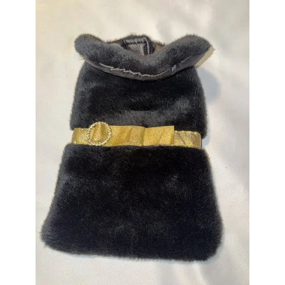Dog Sweater Jacket Xs Black Faux Fur With Gold Belt‎