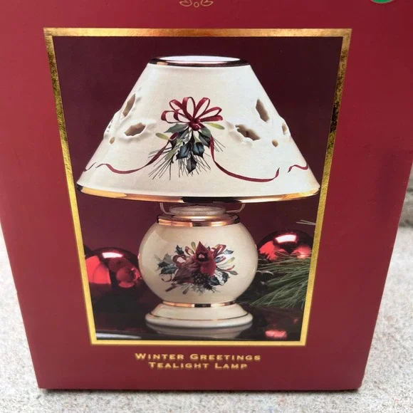 Lenox‎ Tealight Lamp Winter Greetings Cardinal Holly Gold Trim Ivory OS