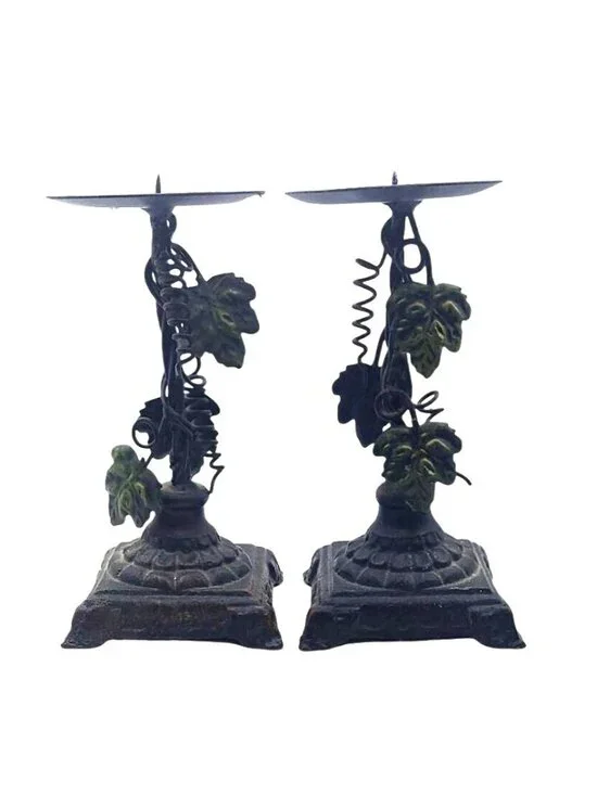 Vintage Cast Iron Metal Grape Vine Pillar Candle Holders Set Of 2 Rustic Decor
