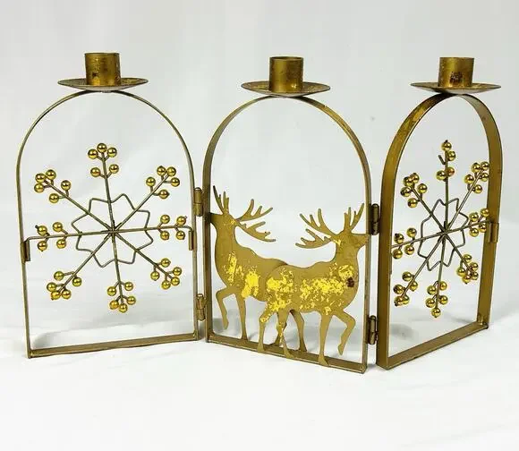 Gold Metal 3 Taper Candle Holder Reindeer Deer Snowflake Winter Holiday Decor
