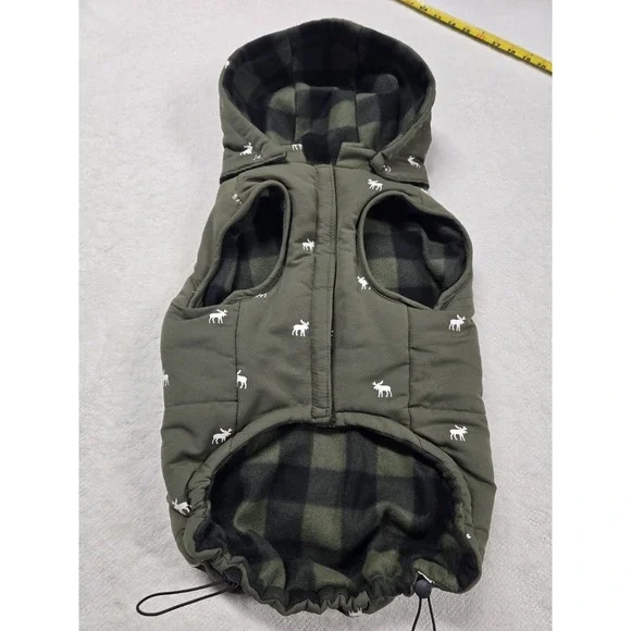 Winter Dog Vest with Hood - Green Moose Pattern, Plaid Fleece Lined, Size XL...