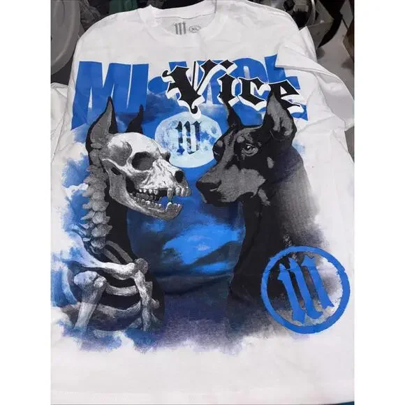 MI Vice Doberman Skeleton Graphic White Blue Black‎ Tee Mens XL NWOT NEW