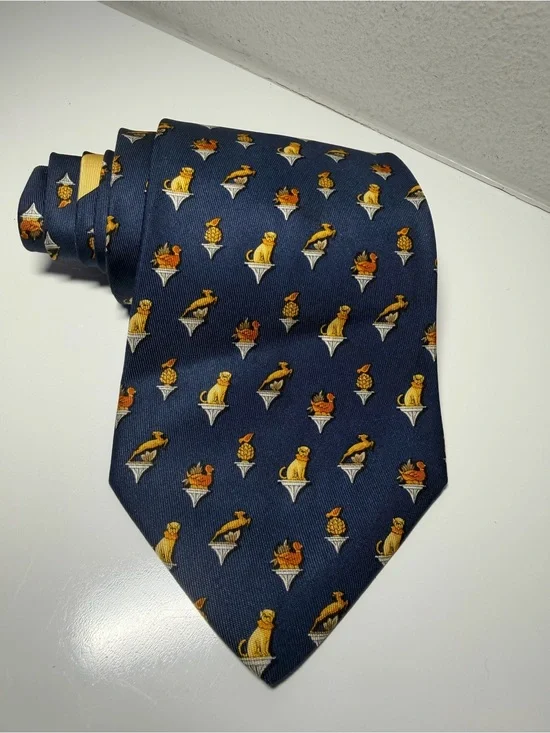 Vintage Salvatore Ferragamo Navy Tie with Dog on Pedelstal