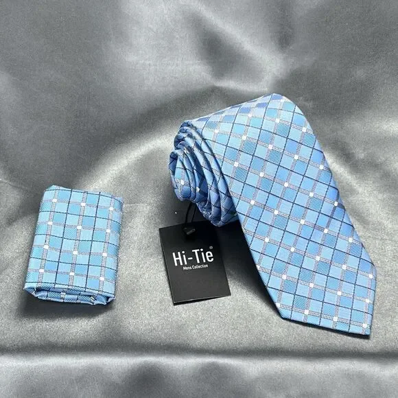 Hi-Tie Men’s 100% Silk Tie Handkerchief‎ Set Geometric Blue Silver Wedding Dance