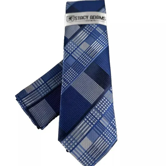 Stacy Adams Men's Tie & Hanky Set Royal Blue Silver Navy Blue Plaids 3.25