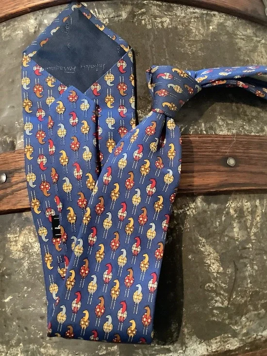Salvatore Ferragamo Blue Silk Tie with Red and Gold Motif - EUC