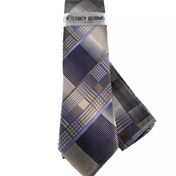 Stacy Adams Men's Tie & Hanky Beige Purple Rust Lilac Silver Plaids 3.25